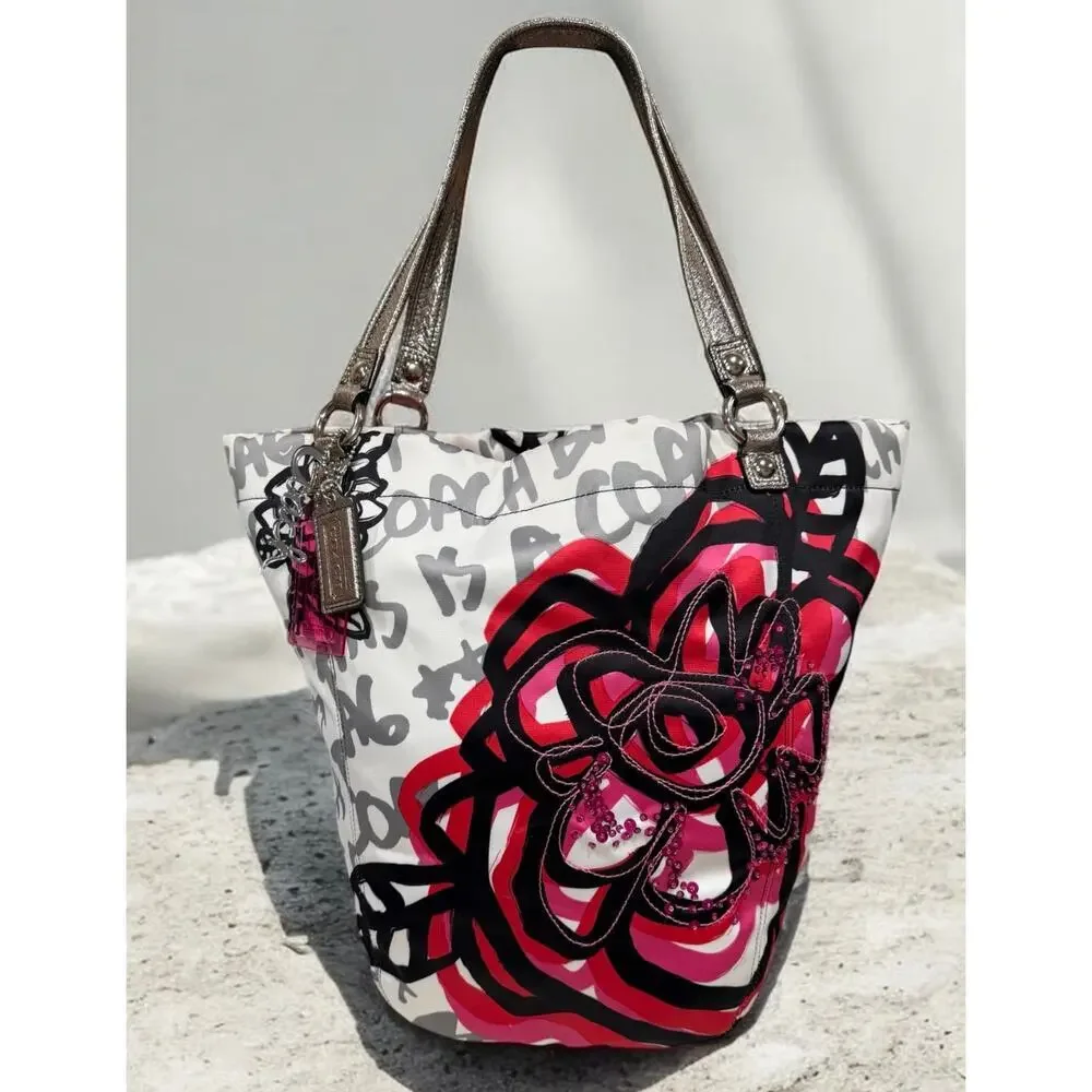 Y2K Coach 14735 Poppy Floral Graffiti North South Tote Bag